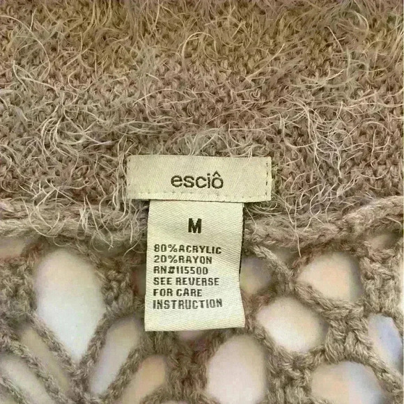 Escio Duster Women's Eyelash Knit Sweater Vest Size M Tan Crochet Back Boho Cozy - Picture 10 of 11
